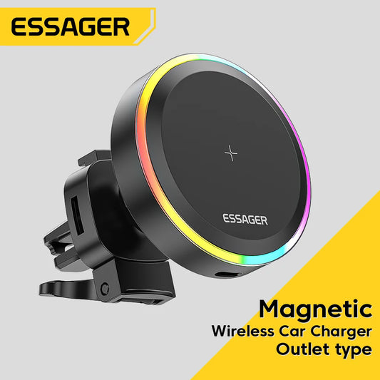 Essager RGB Magnetic Car Phone Holder Qi 15W Wireless Charger Car For iPhone 14 13 Pro Max Samsung Universal Phone Holder Stand